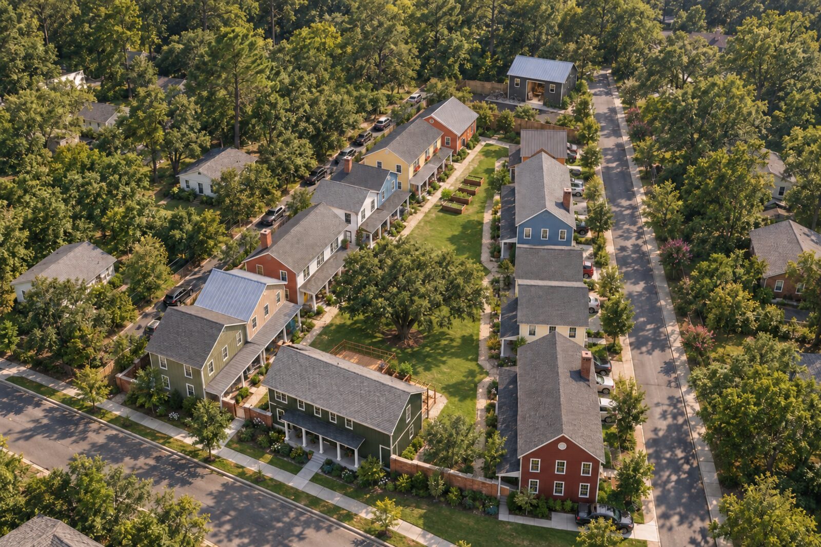 Aerial view of the sixteen homes around the courtyard, among the trees