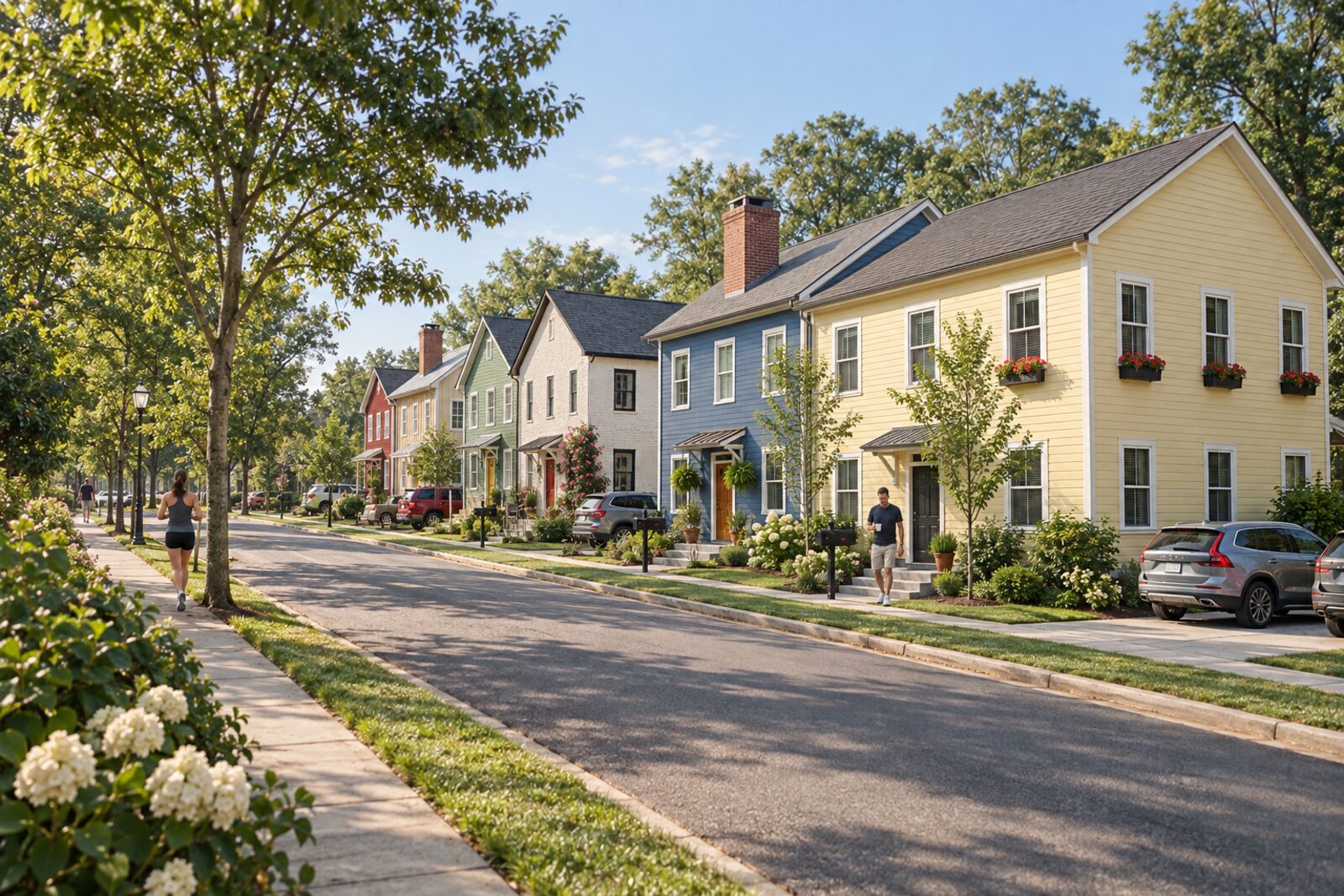 The homes along the residential street, each with its own front door, stoop and walk
