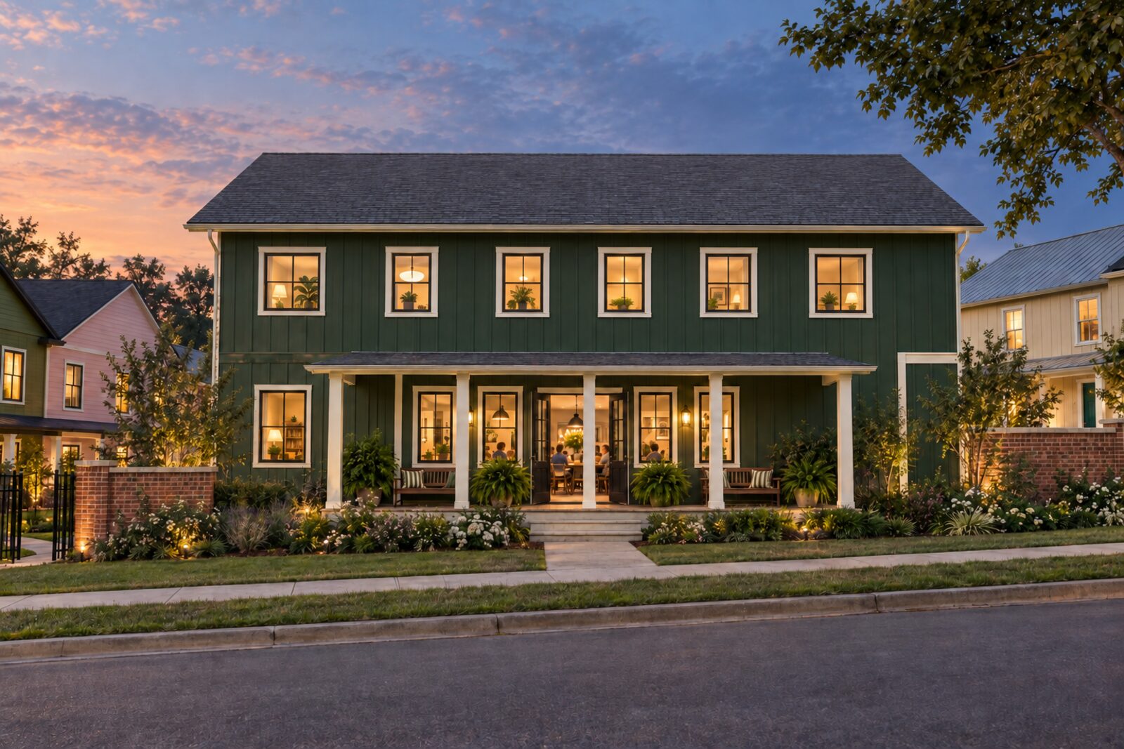 The two-story green common house facing the street at dusk, its front doors open, with brick walls and an iron gate on either side