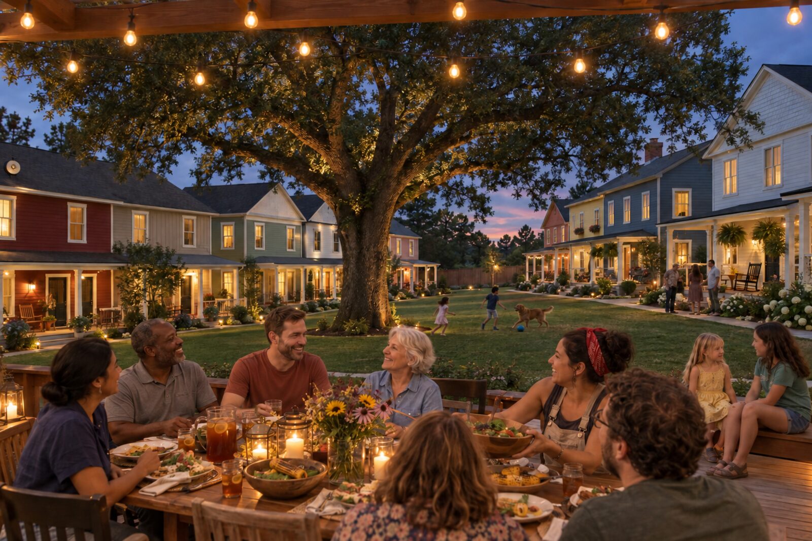 Neighbors eating together at a long table on the common house deck at dusk