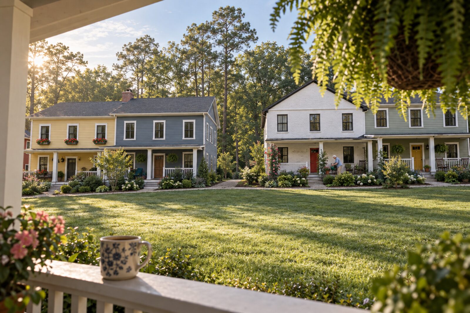 Early morning from a back-row porch: a coffee mug on the rail, the lawn and the colorful porches across it
