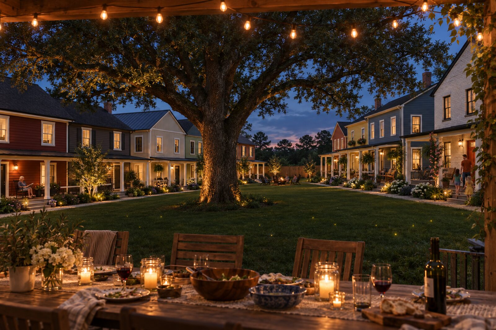 The deck and courtyard at blue hour, with string lights and porch lights on