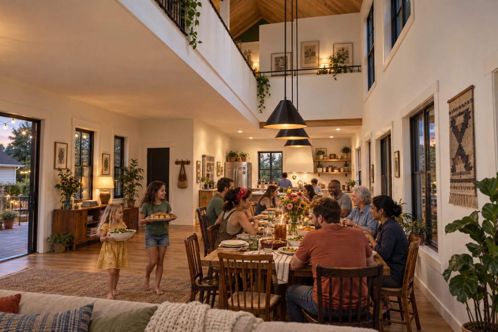Neighbors sitting down to dinner at the long table under the double-height space