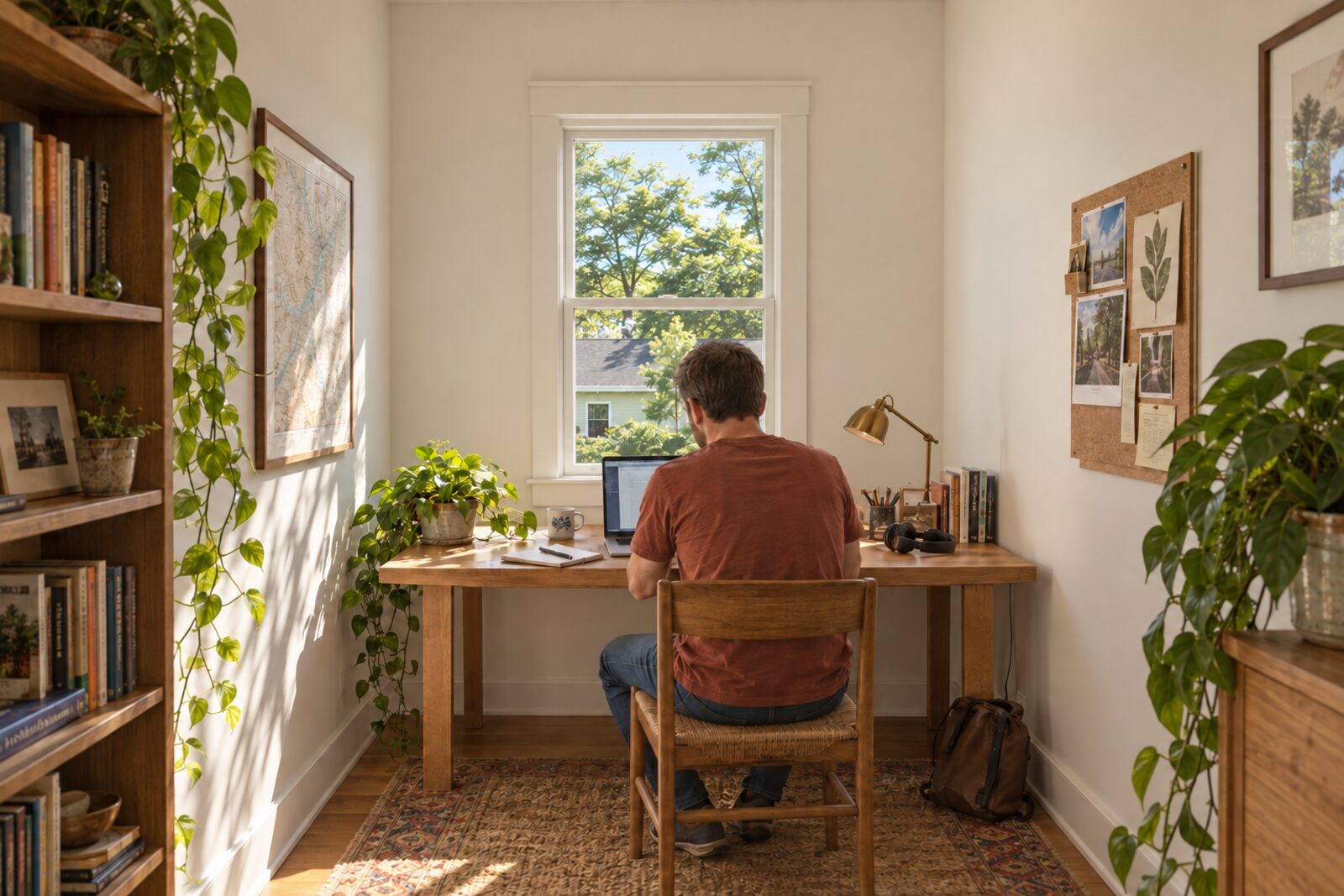 A man working at a desk in a small office under a window