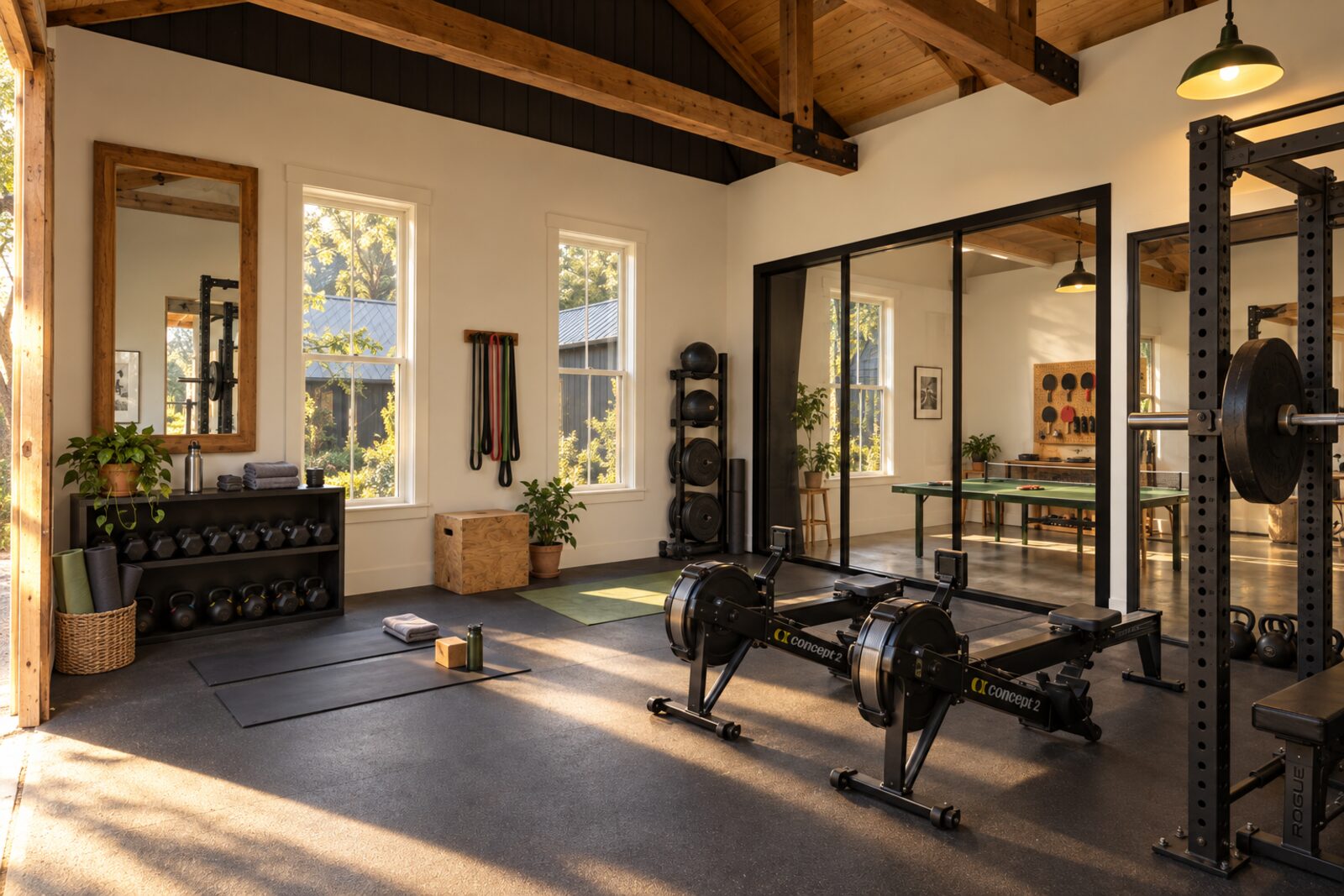 The empty gym in early light, the barn doors open to the lawn: rack, rowers, mats and a mirror
