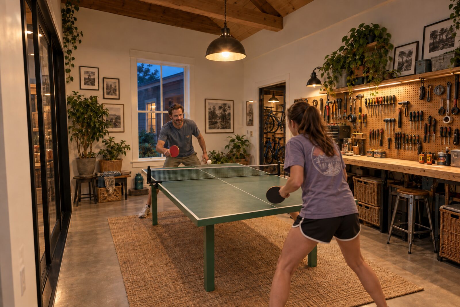 A father and daughter playing ping-pong in the shop
