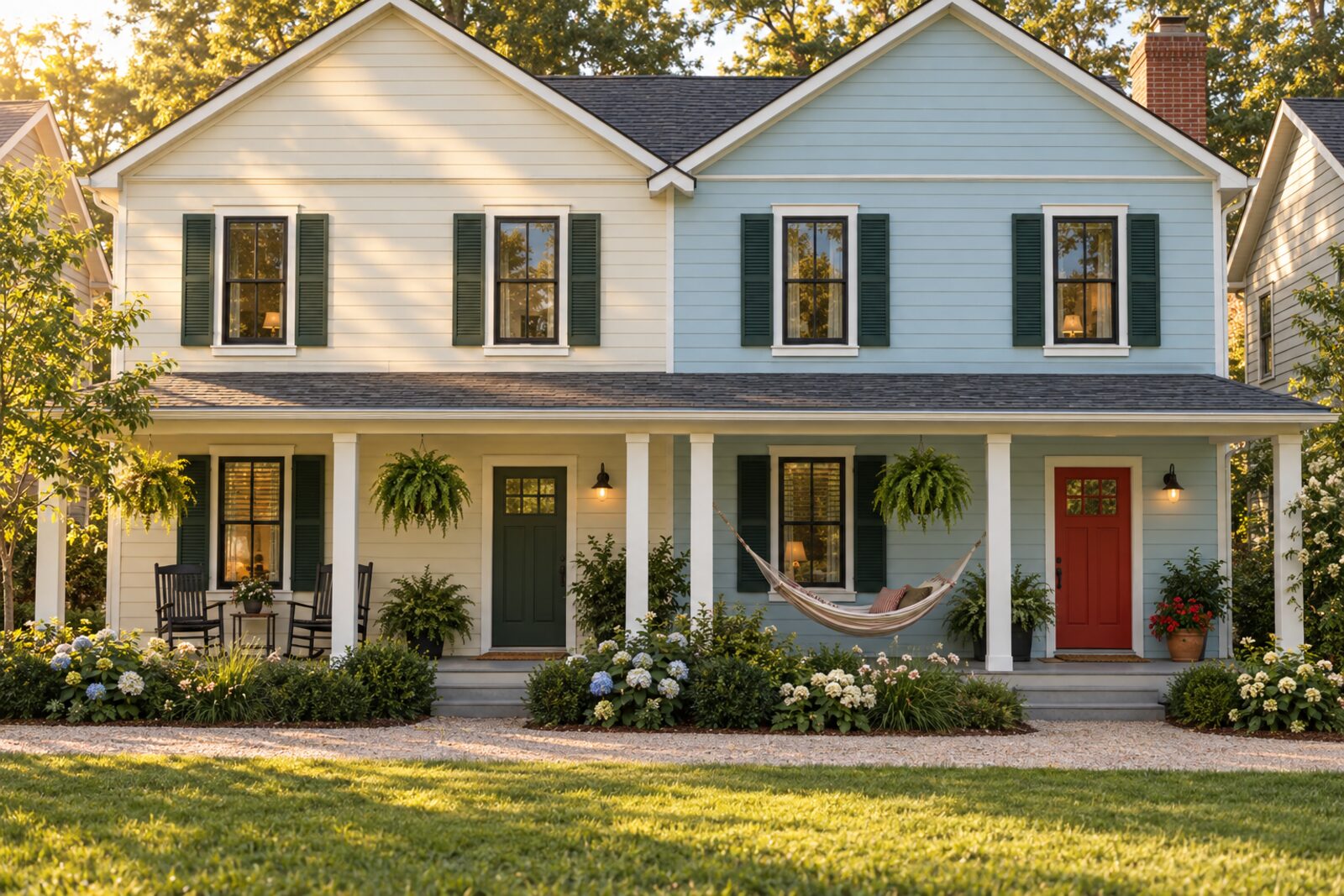 A two-story duplex, one half red brick and one half charcoal, with a deep shared porch facing the courtyard