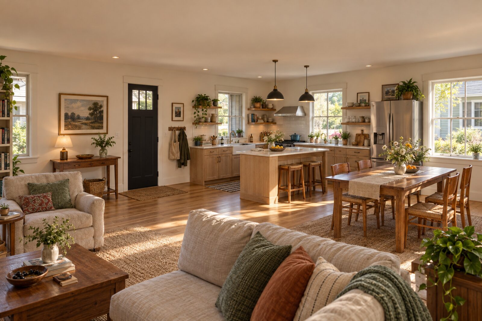 Inside a larger home: a sunny living room looking past the dining table to the kitchen