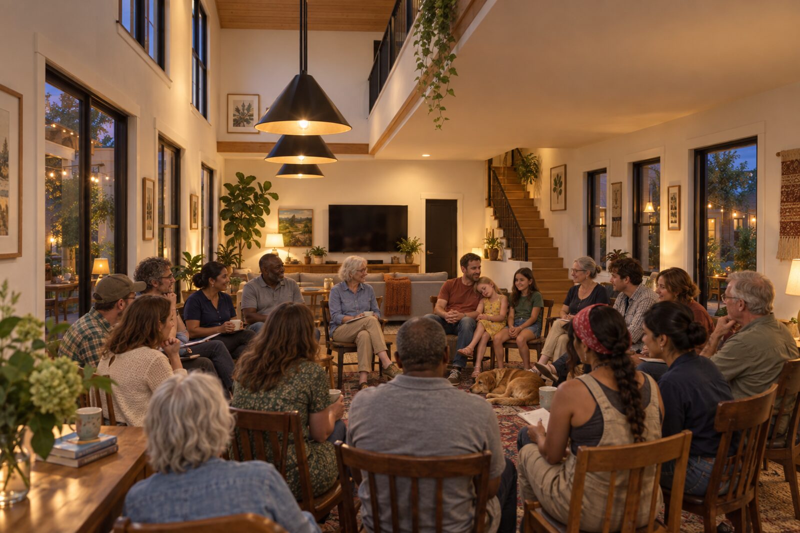 Neighbors gathered in a circle in the common house for the monthly meeting