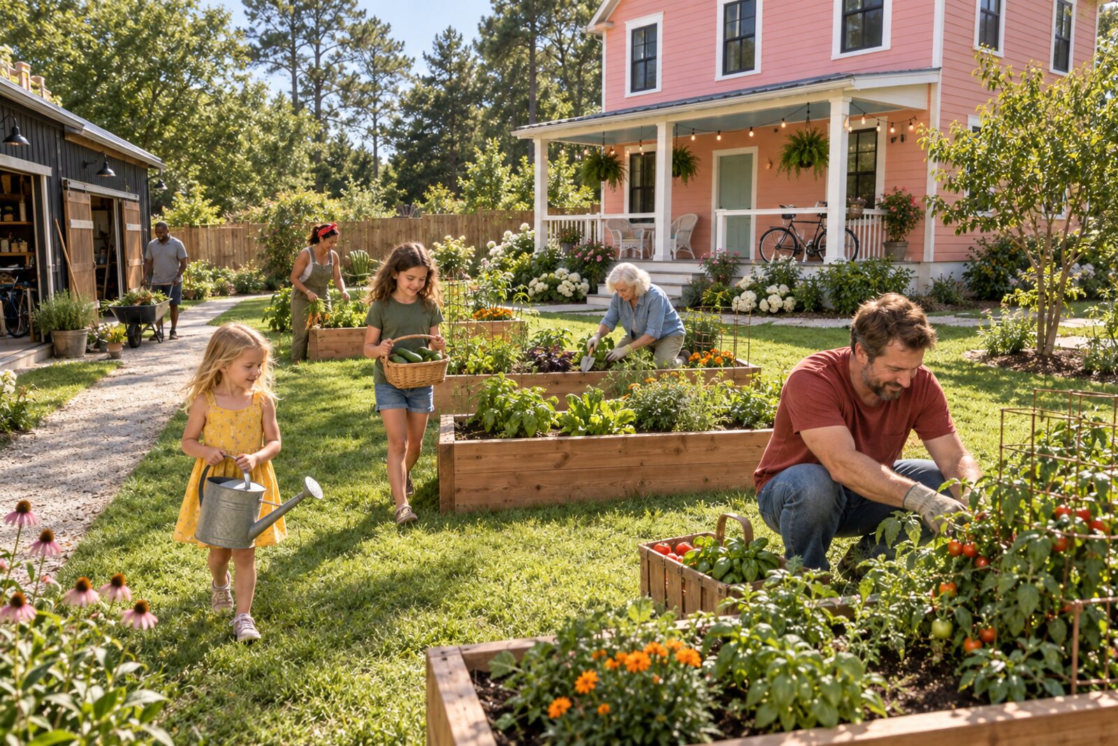 Neighbors tending the raised garden beds by the shop on a Saturday morning
