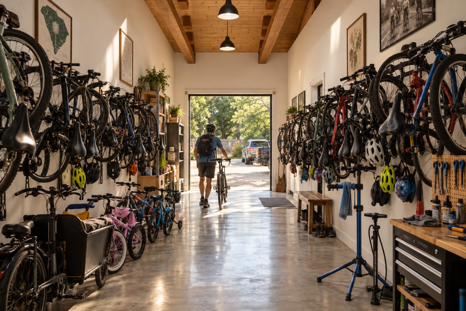 The bike room: bikes of every size hung on the walls, a repair stand, the door open to the drive