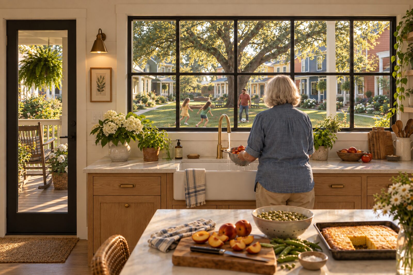 At the common house kitchen sink, looking out the window to the courtyard and the live oak