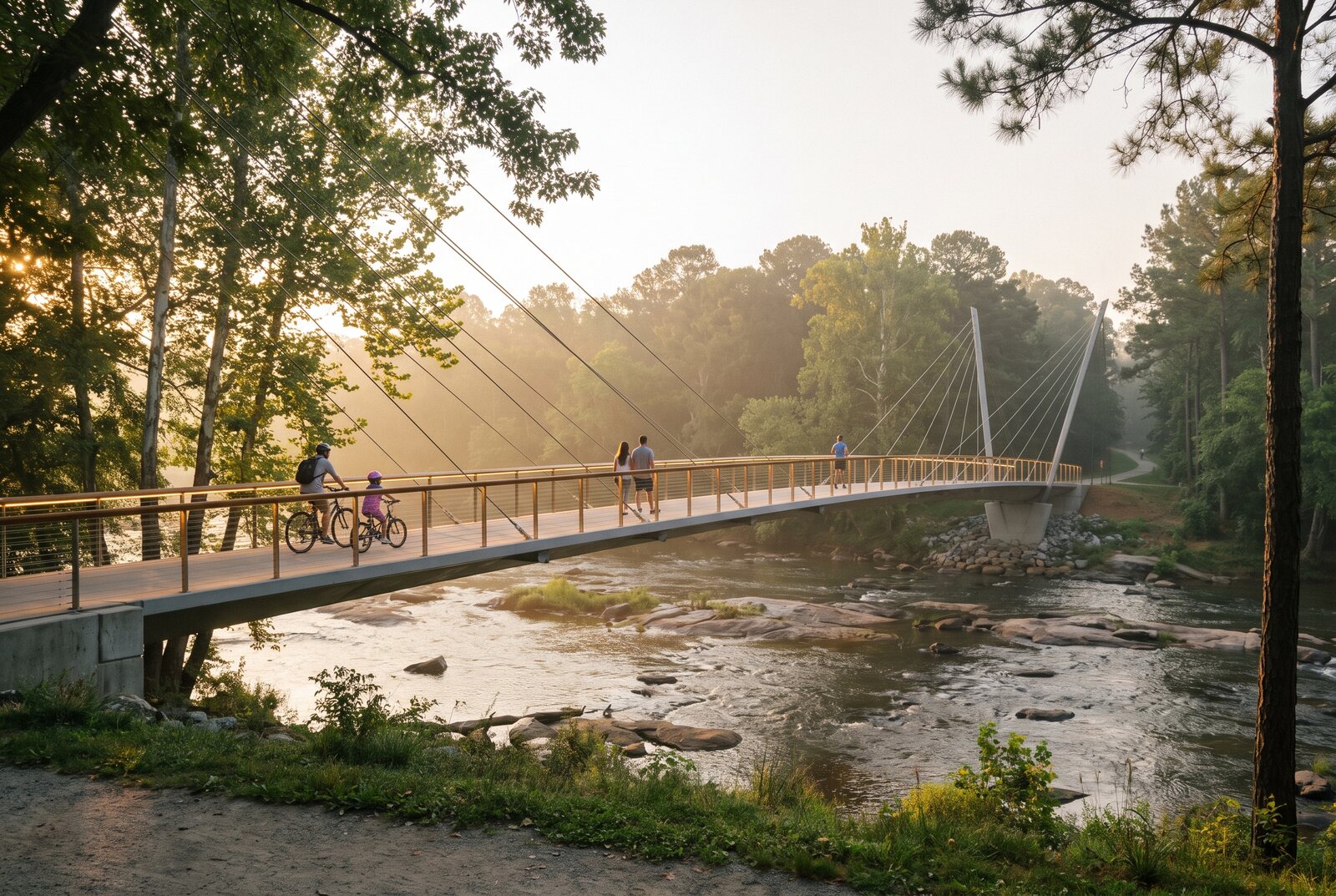 Rendering of a slender walking and biking bridge over the Broad River shoals at golden hour