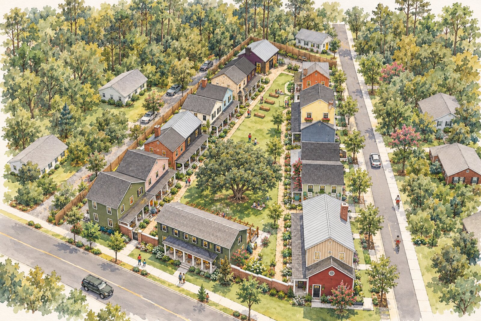 Illustrated bird's-eye view of Viacello: two rows of colorful two-story duplexes facing a courtyard with a big live oak, the green common house on the street corner, and the shop in the far corner